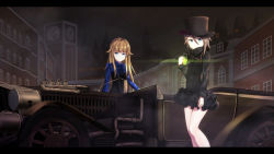 2girls ange_(princess_principal) black_dress black_headwear blue_dress blue_eyes braid building car cavorite_ball clock clock_tower dress letterboxed long_hair long_sleeves motor_vehicle multiple_girls night outdoors princess_(princess_principal) princess_principal short_hair shuutsu smog standing tower vest