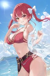 1girl absurdres bare_shoulders beach bikini blush breasts day hair_between_eyes heterochromia highres hololive houshou_marine large_breasts navel open_clothes outdoors red_bikini red_eyes red_hair shirt smile swimsuit thighs twintails virtual_youtuber wet wet_clothes wet_shirt white_shirt yellow_eyes yoshinone