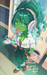 1girl absurdres ajpp6 aqua_eyes aqua_hair aqua_pants bead_bracelet beads belt bodice bracelet breasts brown_belt brown_bodice brown_shoes cellphone cleavage colored_skin commentary_request commission crossed_legs curly_hair dragon_quest dragon_quest_x dwarf_(dq10) food food_in_mouth fringe_trim from_above green_skin hand_in_pocket headphones high_ponytail highres holding holding_phone jewelry leaning_back looking_at_viewer looking_up medium_breasts necklace pants petite phone platypunk ponytail popsicle popsicle_in_mouth sample_watermark shirt shoes skeb_commission slime_(dragon_quest) solo translation_request vending_machine watermark white_nails white_shirt