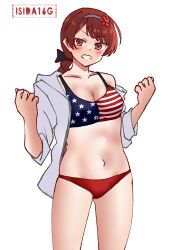 Rule 34 | 1girl, american flag, american flag bikini, american flag print, artist logo, bikini, bikini under clothes, braid, braided ponytail, commentary, cowboy shot, curled fingers, english commentary, flag print, flag print bikini, grin, highres, hood, hooded jacket, ishida arata, jacket, kantai collection, logo, looking at viewer, low ponytail, mismatched bikini, navel, nevada (kancolle), nevada kai (kancolle), nevada kai mod.2 (swimsuit) (kancolle), open clothes, open jacket, ponytail, print bikini, red eyes, red hair, simple background, single braid, smile, solo, swimsuit, w arms, white background, white jacket