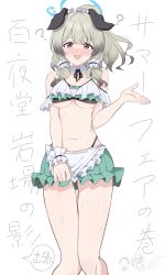 1girl ? alternate_costume animal_ears blue_archive blue_halo blush breasts brown_eyes closed_eyes detached_collar dog_ears dog_girl green_hair halo highres hoshino_ouka medium_breasts navel official_alternate_costume simple_background sweat swimsuit umika_(blue_archive) umika_(swimsuit)_(blue_archive)