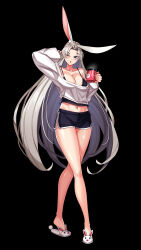 Rule 34 | 1girl, ;o, absurdres, alternate costume, animal ears, animal print, arm behind head, azur lane, bare legs, bare shoulders, black camisole, black shorts, blue eyes, blush, breasts, camisole, casual, cleavage, coffee mug, commentary, crop top, cropped shirt, crossed legs, cup, english commentary, full body, hand up, highres, hip focus, hiryuu (azur lane), hiryuu (meta) (azur lane), holding, holding cup, large breasts, legs, long hair, medium breasts, midriff, mug, navel, off-shoulder shirt, off shoulder, one eye closed, rabbit ears, rabbit girl, rabbit print, shirt, short shorts, shorts, solo, standing, teeth, thighs, upper teeth only, very long hair, waking up, white hair, white shirt, yawning, zer0z vi