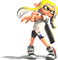 Rule 34 | 1girl, 3d, bare arms, bike shorts, blonde hair, boots, braid, closed mouth, eye mask, eyebrow cut, frown, full body, gradient hair, grey boots, inkling, inkling girl, inkling player character, long hair, long pointy ears, looking to the side, multicolored hair, nintendo, official art, pointy ears, shirt, short eyebrows, short hair with long locks, side braid, sidelocks, solo, splatoon (series), splatoon 3, spotted hair, standing, stretching, t-shirt, tentacle hair, thick eyebrows, torn clothes, transparent background, two-tone hair, v-shaped eyebrows, veronika (splatoon), white shirt, yellow eyes