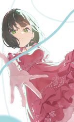 Rule 34 | 1girl, absurdres, backlighting, black hair, blue ribbon, blunt bangs, blunt ends, blush, bob cut, breasts, closed mouth, commentary, cowboy shot, dress, foreshortening, frilled dress, frills, gloves, green eyes, hairband, highres, link! like! love live!, love live!, medium breasts, momose ginko, offering hand, official alternate costume, pink dress, pink hairband, puffy short sleeves, puffy sleeves, reflection in the mirror (love live!), ribbon, short hair, short sleeves, simple background, smile, solo, sunkeun, white background, white gloves
