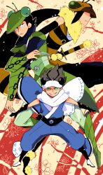 3boys antennae bare_tree black_gloves black_hair blue_pants blue_sclera blue_shirt boots branch bug butterfly butterfly_wings chain colored_sclera commentary_request compound_eyes covered_eyes elbow_gloves flower gloves green_footwear grey_hair grin helmet insect insect_wings katanagatari looking_to_the_side maniwa_chouchou maniwa_kamakiri maniwa_mitsubachi multiple_boys noeru_(soul64) outstretched_arms pants parted_lips praying_mantis shirt short_hair sideways_glance smile striped_clothes sword teeth tree wasp weapon wings