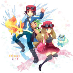 10s 1boy 1girl bag black_hair black_thighhighs boots brown_hair calem_(pokemon) chespin cocoloco copyright_name creatures_(company) fennekin froakie full_body game_freak gen_6_pokemon handbag hat jacket legendary_pokemon long_hair nintendo pokemon pokemon_(creature) pokemon_xy serena_(pokemon) shoulder_bag skirt smile starter_pokemon_trio sunglasses thighhighs xerneas yveltal