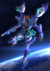 absurdres beam_rifle commentary_request earth_(planet) energy_gun full_body gfred green_eyes gun gundam gundam_gquuuuuux highres holding holding_gun holding_weapon ka_ki_o looking_at_viewer mecha mecha_focus mobile_suit no_humans planet robot science_fiction solo space star_(sky) weapon