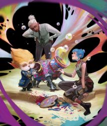 1boy 1girl 1other absurdres arcane:_league_of_legends arm_warmers belt blue_coat blue_eyes blue_hair boots bubble_machine cellar_art coat coffee_mug collared_shirt cup dark-skinned_male dark_skin ekko_(league_of_legends) full_body grin hair_bun hand_on_own_hip heimerdinger high_ponytail highres holding holding_cup holding_paintbrush jinx_(league_of_legends) league_of_legends leaning_in long_sidelocks looking_at_another mug paint_palette paint_splatter paintbrush pointy_ears ponytail powder_(alternate_timeline)_(arcane) shirt sidelocks sitting sitting_on_leg skeptical smile soap_bubbles striped_clothes striped_vest vest white_hair white_shirt yordle