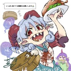 2girls aqua_shirt arm_up steamed_bun basket blood boned_meat bow chamaji chef_hat commentary_request eagle_spirit_(touhou) earrings flying_sweatdrops food food_in_mouth goat_horns green_shirt grey_hair hair_between_eyes hand_up hands_up hat hoop_earrings horizontal_pupils horn_bow horn_ornament horns jewelry long_hair looking_at_viewer meat multiple_girls napkin plate pointy_ears purple_hair red_eyes sharp_teeth shirt short_hair short_sleeves signature simple_background single_horn teeth tenkajin_chiyari tongue touhou toutetsu_yuuma translation_request upper_body very_long_hair white_background white_shirt x_x