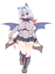 Rule 34 | 1girl, animal ears, bare shoulders, bat wings, blue boots, blue hair, blue scarf, blue skirt, blush, bodysuit, boots, breasts, curvy, delucky alma, detached sleeves, dual wielding, emil chronicle online, full body, garter straps, grey hair, highres, holding, holding weapon, large breasts, long hair, looking at viewer, miniskirt, rafoll, scarf, skirt, solo, standing, standing on one leg, thick thighs, thighhighs, thighs, walking, weapon, white background, white thighhighs, wide hips, wings, yellow eyes