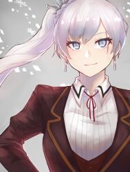 1girl absurdres blazer blue_eyes brown_jacket closed_mouth earrings grey_background hair_ornament high_side_ponytail highres jacket jewelry kwsmrta light_smile long_hair looking_at_viewer rwby scar scar_across_eye scar_on_face school_uniform shirt solo tiara upper_body weiss_schnee white_hair white_shirt