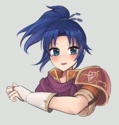 Rule 34 | 1girl, armor, artist name, bandana, bandana around neck, blue eyes, blue hair, blush, eyebrows hidden by hair, female kris (fire emblem), fingerless gloves, fire emblem, fire emblem: new mystery of the emblem, gloves, grey background, hair elastic, high ponytail, highres, long hair, looking at viewer, luci (purrlucii), nintendo, open mouth, parted bangs, ponytail, shoulder armor, signature, smile, solo, swept bangs