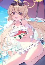 1girl absurdres ajeu914 beach_umbrella bikini blue_archive brown_hair collarbone eyewear_on_head food frilled_bikini frills fruit hair_ornament halo hifumi_(blue_archive) hifumi_(swimsuit)_(blue_archive) highres holding holding_food holding_fruit long_hair low_twintails off-shoulder_bikini off_shoulder official_alternate_costume revision ribbon-trimmed_bikini ribbon-trimmed_swimsuit ribbon_trim round_eyewear seiza side-tie_bikini_bottom sitting solo sunglasses swimsuit twintails umbrella watermelon white_bikini wing_hair_ornament winged_halo yellow_halo