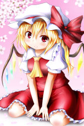 Rule 34 | 1girl, ascot, between legs, blonde hair, blush, bow, buttons, cherry blossoms, dress shirt, flandre scarlet, frills, hand between legs, hat, hat bow, highres, knees, lace, looking at viewer, open hands, puffy sleeves, red eyes, renati (renatium), shirt, short hair, short sleeves, side ponytail, sitting, skirt, smile, solo, touhou, v arms, vest, wariza, wings