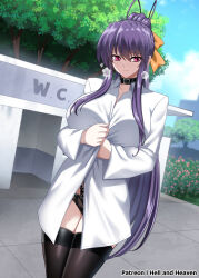 1girl antenna_hair black_hair black_panties black_thighhighs blush breasts breath collar cowboy_shot embarrassed female_focus hair_ribbon hellandheaven high_school_dxd highres himejima_akeno large_breasts outdoors panties purple_eyes ribbon shirt solo standing thighhighs underwear white_shirt yellow_ribbon