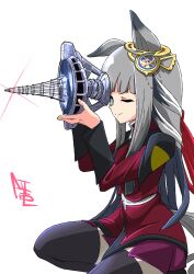 Rule 34 | 1girl, absurdres, animal ears, blue eyes, blunt bangs, blush, chrono genesis (umamusume), closed mouth, commentary request, grey hair, gundam, gundam seed, hair between eyes, hair ornament, highres, holding, horse ears, horse girl, horse tail, long hair, military uniform, nanziwakamika23, one eye closed, smile, solo, tail, thighhighs, thighs, umamusume, weapon, white background