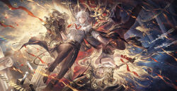 1girl arm_strap armband black_armband black_gloves black_horns black_pants black_shoes black_tail blonde_hair breasts button_gap chest_harness city collared_shirt commentary curled_horns demon_tail dual_persona english_commentary gloves greatsword hair_between_eyes harness helen_zzhao high-waist_pants high_heels highres holding holding_sword holding_weapon horns large_breasts long_hair looking_at_viewer multicolored_hair necktie outdoors pants parted_lips red_eyes red_necktie shirt shirt_tucked_in shoes split_theme streaked_hair sword tail tight_clothes tight_pants weapon white_shirt wuthering_waves zani_(wuthering_waves)