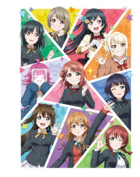 6+girls artbook asaka_karin asymmetrical_hair black_hair black_jacket blazer blonde_hair blue_eyes blunt_bangs bob_cut bow bowtie braid braided_bun breasts brown_cardigan brown_hair buttons cardigan collared_shirt emma_verde flower freckles gloves green_hair green_ribbon grey_eyes grey_hair grin hair_between_eyes hair_bow hair_bun hair_flower hair_ornament hairclip heart highres jacket konoe_kanata long_hair long_sleeves looking_at_viewer love_live! love_live!_nijigasaki_high_school_idol_club low_twintails medium_hair mifune_shioriko miyashita_ai multiple_girls nakasu_kasumi neck_ribbon nijigasaki_school_uniform non-web_source official_art one_eye_closed one_side_up open_mouth orange_eyes osaka_shizuku pink_eyes pink_hair ponytail purple_eyes purple_hair red_bow red_bowtie red_eyes red_ribbon ribbon school_uniform shirt short_hair sidelocks single_side_bun sketchbook sleeves_past_fingers sleeves_past_wrists smile summer_uniform swept_bangs tennoji_rina twin_braids twintails uehara_ayumu waving white_gloves white_shirt winter_uniform yellow_bow yellow_eyes yellow_ribbon yuki_setsuna