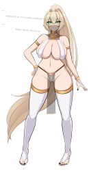 1girl absurdres bare_shoulders belly_dancing blonde_hair blush bracelet breasts dancer eyebrows_hidden_by_hair facehurt feet gold_bracelet gold_choker green_eyes hair_between_eyes harem_outfit highres jewelry large_breasts long_hair mouth_veil navel original pelvic_curtain ponytail revealing_clothes skindentation stirrup_legwear thick_thighs thighs toe_ring toeless_legwear veil very_long_hair yd_dancer_outfit