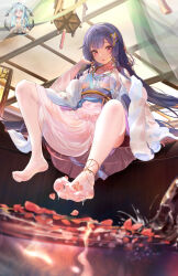 Rule 34 | 2girls, alternate costume, anklet, black hair, blue hair, blush, breasts, chinese clothes, cum, damingjiuai sevens, dress, feet, foot focus, full body, hair ornament, hanfu, highres, indoors, jewelry, lantern, long hair, long sleeves, looking at viewer, multiple girls, no shoes, open mouth, pantyhose, purple eyes, purple hair, see-through clothes, sitting, smile, soles, spread legs, thighhighs, toes, very long hair, warship girls r, watermark, white dress, yingtan (warship girls r)