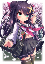 1girl ahoge bag black_bag black_hair black_thighhighs cherry_blossoms double_bun emil_chronicle_online green_eyes hair_bun hair_ornament hair_ribbon hairclip highres kiyohime_lore long_hair midriff navel ribbon school_uniform skirt smile solo thighhighs yupi828
