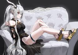 a_tea arknights arms_behind_back bare_shoulders bdsm black_dress bondage bound breasts brown_eyes couch crotch_rope dress flip-flops grey_hair hair_over_one_eye highres horns large_breasts long_hair looking_at_viewer on_couch one_eye_covered pointy_ears ponytail sandals shibari shibari_over_clothes shining_(arknights) shining_(silent_night)_(arknights) sidelocks sitting skindentation thigh_strap very_long_hair