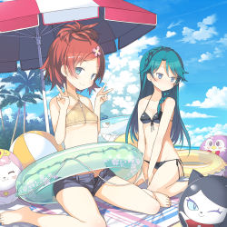 2girls aroma_(go!_princess_precure) barefoot beach bikini black_bikini blue_eyes blue_hair blush breasts day double_v flower go!_princess_precure hair_flower hair_ornament haruno_haruka kaidou_minami legs long_hair looking_at_viewer miss_siamour multiple_girls ocean palm_tree parasol precure puff_(go!_princess_precure) red_hair short_hair short_shorts shorts sitting small_breasts swimsuit tree umbrella v wariza yuguru