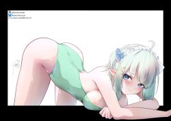 1girl ahoge artist_name ass bare_shoulders black_border blue_eyes bluesky_logo bluesky_username blush border bow breasts closed_mouth green_hair green_leotard hair_bow hair_ornament highres indie_virtual_youtuber large_breasts leotard looking_at_viewer mint_fantome outside_border pointy_ears short_hair sideboob signature simple_background smile solo strapless strapless_leotard syxh thighs top-down_bottom-up twitter_username twitter_x_logo virtual_youtuber white_background x_hair_ornament