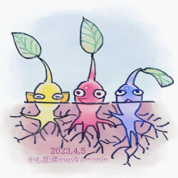artist_name black_eyes blue_background blue_pikmin blue_skin border buried colored_skin commentary_request creature creature_focus dated leaf maykamonin nintendo no_humans no_mouth pikmin_(creature) pikmin_(series) plant_roots pointy_ears pointy_nose red_pikmin red_skin triangle_mouth white_border yellow_pikmin yellow_skin