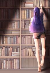 Rule 34 | 1girl, absurdres, bare legs, barefoot, book, bookshelf, bracelet, hair ribbon, highres, honkai (series), honkai impact 3rd, jewelry, long hair, purple hair, raiden mei, raiden mei (apho), ribbon, shorts, soles, solo, thighs, yihaoyayi