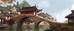 108_demon_kings arch_bridge architecture boat bridge building canal city cloud day east_asian_architecture grass highres juliengeorgel lantern no_humans official_art outdoors paper_lantern scenery shinto sky stairs tree watercraft