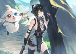 1girl abby_(wuthering_waves) bare_shoulders black_dress black_gloves black_hair black_shorts black_thighhighs breasts closed_mouth commentary cross-laced_clothes cross-laced_dress dress english_commentary female_rover_(wuthering_waves) gloves hand_up highres holding holding_sword holding_weapon large_breasts looking_at_viewer outdoors pelvic_curtain rh_og69 rover_(wuthering_waves) shorts sleeveless sleeveless_dress smile solo sword thighhighs thighs weapon wuthering_waves yellow_eyes