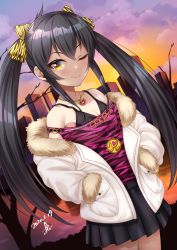 1girl ;) animal_print bare_shoulders bare_tree black_bra black_skirt blush bow bra cityscape cloud cloudy_sky collarbone commentary_request cowboy_shot dated dutch_angle female_focus flat_chest fur-trimmed_jacket fur_trim hands_in_pockets heart heart_necklace highres idolmaster idolmaster_cinderella_girls idolmaster_cinderella_girls_starlight_stage jacket jewelry leopard_print long_hair looking_at_viewer matoba_risa necklace off-shoulder_jacket off-shoulder_shirt off_shoulder one_eye_closed pink_shirt pleated_skirt print_bow reflection river shirt signature skirt sky smile solo standing sunlight tree twilight twintails underwear white_jacket yellow_bow yellow_eyes yoohi
