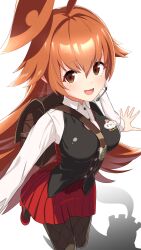 1girl ahoge black_vest breasts brown_bag brown_eyes brown_hair duel_masters duel_masters_play&#039;s fishnet_pantyhose fishnets high_heels highres huge_ahoge kokko_rupiko long_hair long_sleeves looking_at_viewer name_tag open_mouth pantyhose pleated_skirt red_shoes red_skirt shade shadow shirt shoes simple_background skirt solo speaking_tube_headset very_long_hair vest white_background white_shirt yukke_jan