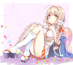 1girl ahoge ayukawa_koto braid breasts geta highres iris_mysteria! large_breasts miniskirt ribbed_sweater skirt sweater tabi user_cyeg4347 yellow_eyes
