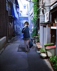 1girl air_conditioner alley bag blue_jacket blue_sky brown_eyes brown_hair building cable door duffel_bag grey_skirt highres jacket lamppost looking_at_viewer looking_back medium_hair original outdoors plant pleated_skirt potted_plant sakeharasu skirt sky solo track_jacket urban