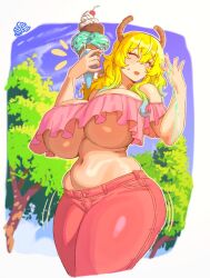 1girl blonde_hair blue_hair blush breasts closed_eyes curvy denim food gradient_hair green_eyes holding holding_ice_cream_cone horns huge_breasts ice_cream ice_cream_cone ice_cream_cone_spill jeans kobayashi-san_chi_no_maidragon lucoa_(maidragon) multicolored_hair open_mouth pankekes pants shiny_skin sweatdrop thick_thighs thighs tree underboob wide_hips