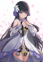 Rule 34 | 1girl, arm armor, bare shoulders, black gloves, black hair, boots, closed mouth, commission, cosplay, detached sleeves, dress, falling petals, fingerless gloves, fingernails, flower, genshin impact, gloves, gradient background, hair flower, hair ornament, hair ribbon, highres, koharu (sharkoharu), long fingernails, long hair, looking at viewer, lumine (genshin impact), lumine (genshin impact) (cosplay), nana shiro, original, own hands together, petals, purple eyes, ribbon, simple background, skeb commission, smile, solo, steepled fingers, thigh boots, thighhighs, very long hair, white dress, zettai ryouiki