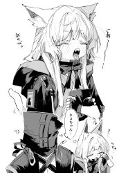 1girl 1other ambiguous_gender animal_ears arknights cat_ears cat_girl cat_tail closed_eyes doctor_(arknights) fingerless_gloves gloves greyscale highres hood monochrome na_tarapisu153 rosmontis_(arknights) tail tongue tongue_out