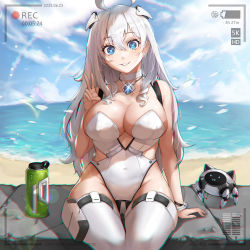 1girl :3 ahoge beach blue_eyes blue_sky bottle breasts choker chromatic_aberration covered_navel day glint hair_between_eyes hair_ornament head_tilt heart heart-shaped_pupils highres holster jewelry large_breasts leotard long_hair necklace ocean original outdoors recording robot sidelocks sitting sky solo summer symbol-shaped_pupils thigh_holster thigh_strap thighhighs v water_bottle white_choker white_hair white_leotard white_thighhighs wide_hips wookyung