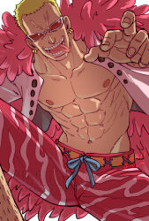 1boy blonde_hair capri_pants coat donquixote_doflamingo earrings feet_out_of_frame highres jewelry leg_hair male_focus multiple_earrings muscular muscular_male one_piece open_clothes open_mouth open_shirt pants pink_coat shirt short_hair sunglasses teeth tongue tongue_out veiny_face wanmonimoni white_shirt