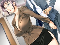 Rule 34 | 1girl, blazer, breasts, business suit, cleavage, crotch grab, fingernails, formal clothes, game cg, gibo to oba, glasses, green eyes, huge breasts, jacket, jewelry, kuramochi yoshimi, lipstick, makeup, mature female, miura takehiro, omegat, pencil skirt, purple hair, ring, skirt, skirt suit, solo focus, source request, suit, teacher, thighhighs, wedding band, wedding ring