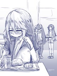 Rule 34 | 3girls, blush, chair, clothes lift, flashing, gojarun, highres, idolmaster, idolmaster cinderella girls, looking to the side, matoba risa, multiple girls, nanjo hikaru, nipples, on chair, oppai challenge, public indecency, shirt lift, sitting, sweat, yuuki haru