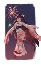 1girl absurdly_long_hair absurdres aerial_fireworks animal_print black_boots black_hair black_sash blue_eyes blunt_bangs boots border bow butterfly_print butterfly_print_kimono commentary contrapposto fireworks floating_hair frilled_kimono frills full_body gradient_clothes gradient_kimono hair_bow highres ikizulive!_love_live!_bluebird japanese_clothes kimono komagata_hanabi layered_sleeves long_hair long_sleeves looking_at_viewer love_live! neck_ribbon night night_sky obi obijime outside_border pink_kimono print_kimono red_ribbon ribbon sash shrug_(clothing) sky solo sunkeun very_long_hair white_border white_shrug yellow_bow