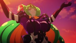 1girl animated anime_screenshot black_gloves blonde_hair bouncing_breasts breasts colored_skin cthulhu_(necronomico_no_cosmic_horror_show) dress elbow_gloves eldritch_abomination gloves gradient_hair green_hair green_skin highres huge_breasts large_breasts mayusaka_mayu multicolored_hair necronomico_no_cosmic_horror_show outstretched_arms possessed possession purple_dress red_eyes red_hair revealing_clothes smile sound star-shaped_pupils star_(symbol) symbol-shaped_pupils tagme upper_body video