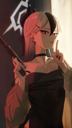 1girl black_choker black_dress black_hair black_horns black_nails blue_archive brown_jacket choker commentary_request demon_horns dress ear_piercing finger_to_mouth grey_hair gun h&amp;k_p30 hair_between_eyes halo handgun hands_up highres holding holding_gun holding_weapon horns jacket kayoko_(blue_archive) kayoko_(dress)_(blue_archive) kis_sako long_hair long_sleeves looking_at_viewer official_alternate_costume parted_lips piercing red_eyes shushing solo standing suppressor trigger_discipline weapon