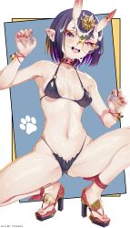 1girl absurdres bikini boqee breasts bukkake cum cum_on_body facial fate/grand_order fate_(series) flip-flops glasses high_heel_sandals highres horns looking_at_viewer navel oni open_mouth purple_eyes purple_hair round_eyewear sandals short_hair shuten_douji_(fate) skin-covered_horns small_breasts smile solo spread_legs squatting swimsuit variant_set