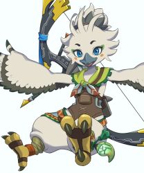 1boy absurdres animal_feet ankleband arms_up bandana beak bird_boy bird_legs black_fur black_hair blue_eyes blush_stickers body_fur bow_(weapon) child claws flowerpigeon furry furry_male gem green_bandana green_gemstone hair_tie happy highres looking_at_viewer magatama male_focus multicolored_hair nintendo open_mouth outstretched_arms rito secret_stone short_hair simple_background smile solo spread_arms the_legend_of_zelda the_legend_of_zelda:_tears_of_the_kingdom topknot tulin_(zelda) two-tone_fur two-tone_hair weapon weapon_on_back white_background white_fur white_hair winged_arms wings