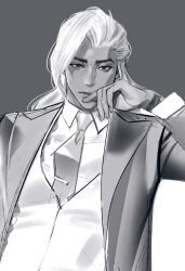 1boy bucher10101 closed_mouth collared_shirt commentary_request elbow_rest formal_clothes grey_background highres jacket korean_commentary lapels layered_sleeves lifeweaver_(overwatch) long_hair long_sleeves looking_at_viewer male_focus necktie open_clothes open_jacket overwatch shirt simple_background sitting solo suit suit_jacket upper_body vest wing_collar