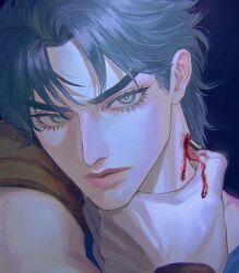 2boys absurdres black_background black_hair black_nails bleeding blood blood_on_hands blood_on_neck closed_mouth dio_brando eyelashes fingernails green_eyes hand_on_another&#039;s_neck head_tilt highres injury jojo_no_kimyou_na_bouken jonathan_joestar looking_at_viewer male_focus multiple_boys out_of_frame oyatsu_(205415) phantom_blood sharp_fingernails short_hair solo_focus